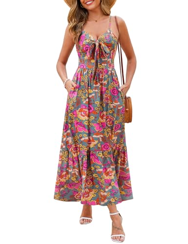 Image of Kranda Women 2026 Summer Sundress High Waist Tie Front Spaghetti Strap Long Beach Floral Tiered Maxi Dress with Pockets