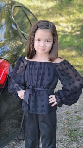 Image of HIHA Girls Fall Clothes Long Sleeve Chiffon Swiss Dot Top Black Flare Legging Pants Set