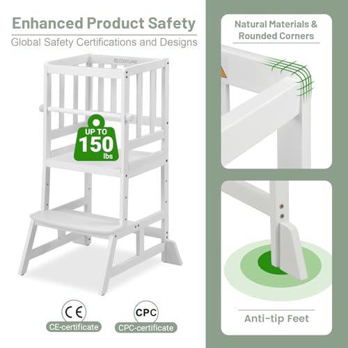 Image of COSYLAND Kids Kitchen Step Stool, Height Adjustable Toddler Standing Tower Nursery Helper with CPC & FSC Certification, Removable Safety Railing Enjoys Exclusive Paten,White
