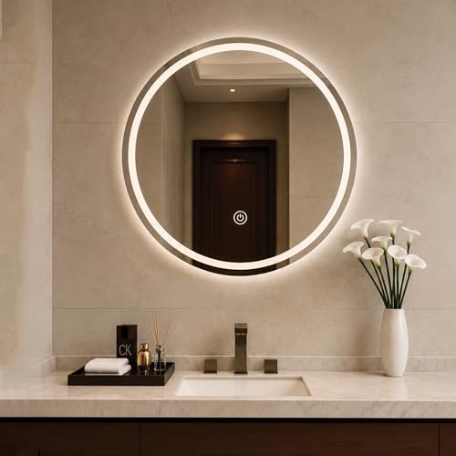 Image of Art Street Round LED Bathroom Vanity Mirror, Anti-Lighted Wall Mirror with Touch Control, Dimmable Backlit Mirror for Bathroom, Makeup, Bedroom & Modern Home Decor (Size, 24x24 Inch)