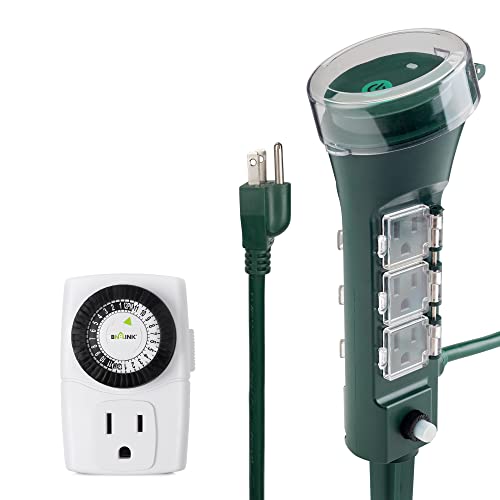 BN-LINK Indoor Mini 24-Hour Mechanical Outlet Timer 3-Prong 2 Pack / 6ft Long Cord Outdoor Power Strip with 6 Outlets, Overload Protection & Weatherproof Covers