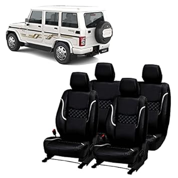 JMDi Premium S10-PU202063 Front and Back PU Leatherite Car Seat Cover for Mahindra Bolero 7 Seater (Black-Silver)