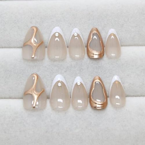 Image of White French Tip Press on Nails Star Fake Nails with 3D Gold Design Nude Glue on Nails Glossy Artificial Acrylic Full Cover Rhinestone Stick on Nails Short Almond False Nails for Women Manicure