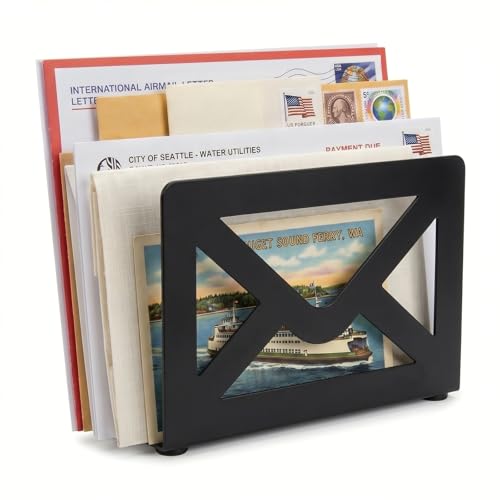 MyGift Black Metal Desktop Mail Holder with Cutout Envelope Design Home and Office Desk Letter...