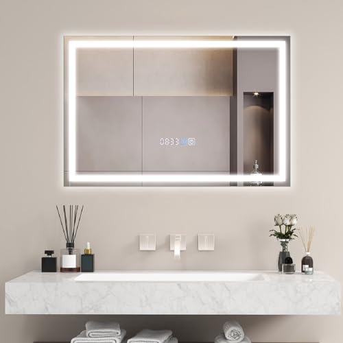 COSTWAY Bathroom Mirror with LED Lights, Illuminated Backlit Wall Mounted Vanity Mirror with 3-Color Dimmable, Time/Temp Display & Touch Sensor, IP44 Anti-Fog Rectangular LED Wall Mirror (750x500mm)