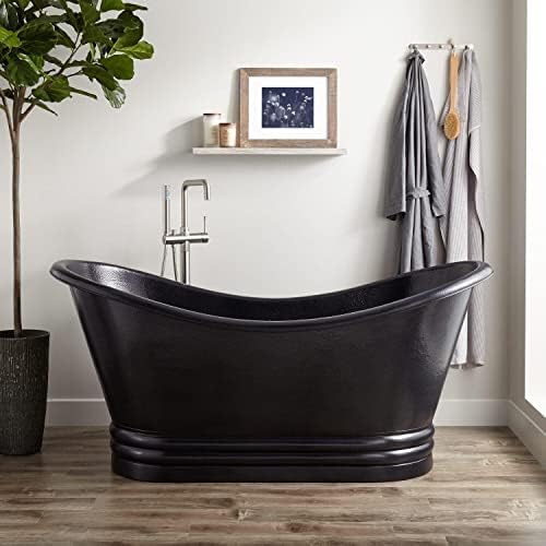 Signature Hardware 953060 Raye 71" Copper Soaking Pedestal Freestanding Tub with Rolled Rim and Included Overflow Drain - Antique Black/Chrome Drain