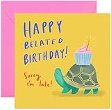 Old English Co. Tortoise Belated Birthday Card - Sorry It's Late Greeting Card for Him or Her | Fun Cute Birthday Wishes for Men and Women | Blank Inside & Envelope Included