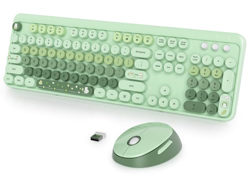 Image of Fogruaden Green Keyboard and Mouse Wireless, Retro Typewriter Keyboard, 2.4GHz 104 Keys Full Size Cute Keyboard with Number Pad, Gradient Colorful Keyboard with Round Keycaps for Windows PC Laptop