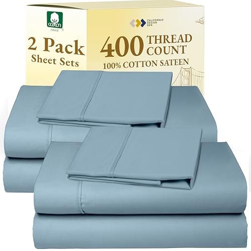 Image of California Design Den Pack of 2 Twin Sheets Set - 400 Thread Count, Soft 100% Cotton Sateen, Deep Pocket Twin Bed Sheets, Durable Bedding Set - Sky Blue