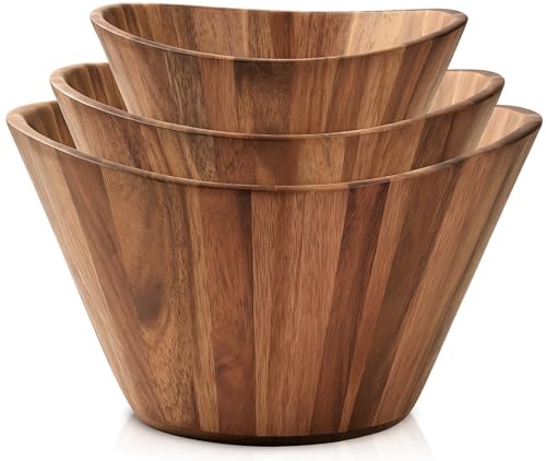 Wooden Salad Bowl Set of 3 Wavy Wood Bowls for Serving