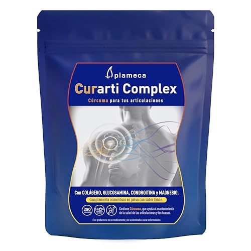 Plameca Curarti Complex - Colágeno con Magnesio y Ácido Hialurónico, Vitamina C, Cúrcuma, Glucosamina y Condroitina - Cuidado de Articulaciones, Huesos y Músculos - Sabor Limón - Formato Polvo, 280 gr