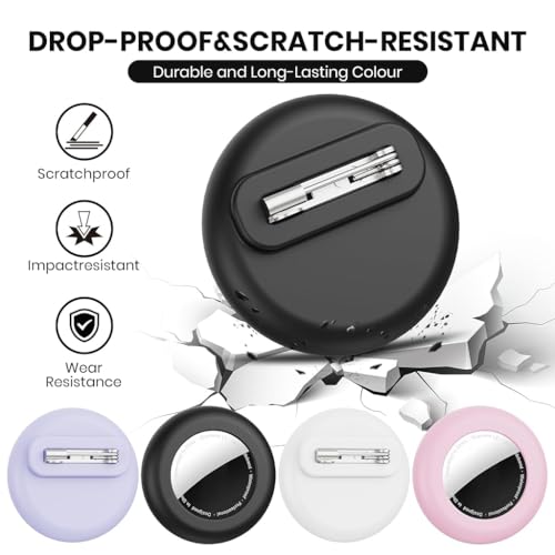Image of ZORBES Compatible with Airtag, Silicone Tracker Skin Cover with Clear Cover & Pin Clasp, Fashion 4-Color Silicone Covers, Anti-Scratch & Waterproof Housing, Ideal for Clothing, Bag, Pet Collar