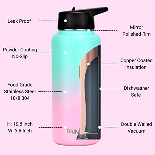Image of Drinco Stainless Steel Water Bottle Spout Lid Vacuum Insulated Double Wall Water Bottle Wide Mouth Leak Proof Keep Cold Sport Camping Hiking (32oz Macaron)