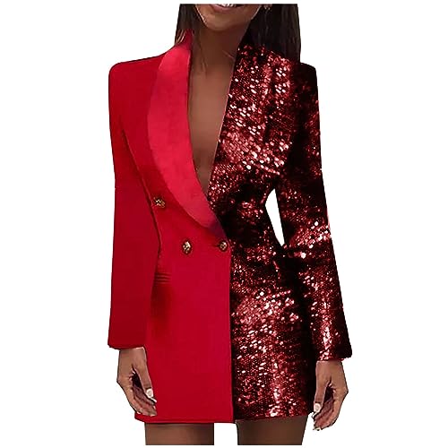 HGps8w Double Breasted Sequins Blazer Dress for Women Sexy Colorblock