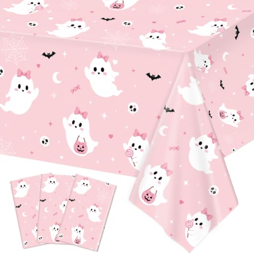 Image of LINHAXM 3 Pack Pink Halloween Tablecloth, Cute Ghost Halloween Disposable Plastic Table Covers for Halloween Birthday Baby Shower Decorations, 54 x 108 Inches