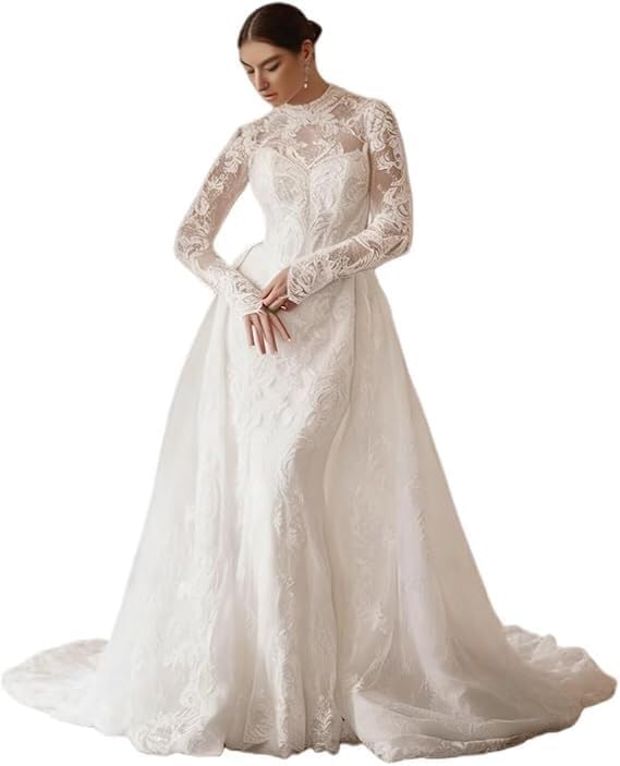 Mermaid Laces Applique Tulle Wedding Dresses for Bride Vintage Long Sleeve Boho Bridal Gowns with Train AXW504