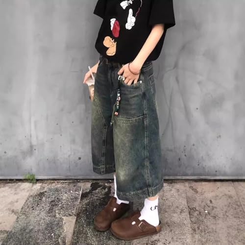 American Retro Washed Vintage Denim Short Women's high Street Loose Slimming Straight Leg Five Quarter Pants3