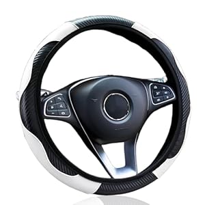 Car Steering Wheel Covers Leather, Steering Wheel Cover Universal 37-38cm Anti-Slip Breathable Carbon Fiber Leather Sports Elastic Without Inner Ring Car Interior Accessories Black White