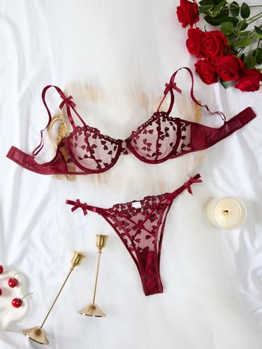 Image of Lilosy Sexy Underwire Cute Push Up Strappy Embroidered Mesh Sheer Lingerie Set See Through Panty Bra