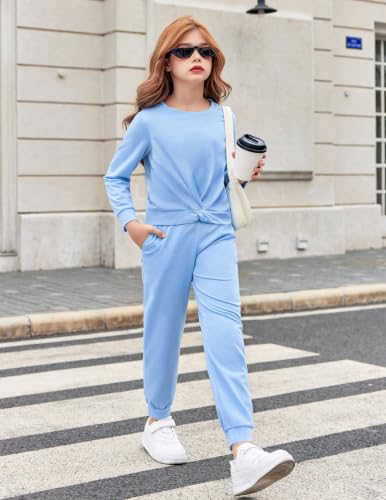 Image of Arshiner Girls 2 Piece Outfits Fashion Twist Front Tracksuit Long Sleeve Pullover Sweatshirt Sweatpants Jogger set Sweatsuit