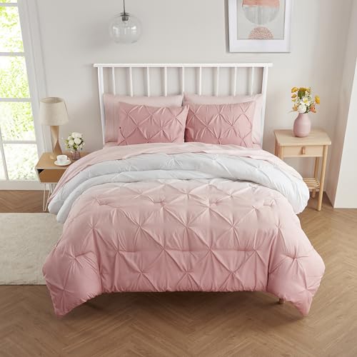 7 Piece Comforter Set Bed in a Bag Ombre Pintuck Design All Season Soft Down Alternative Bedding Comforter Set & Luxurious Matching Bed Sheets & Pillow Shams, Ombre Pintuck Blush, Full