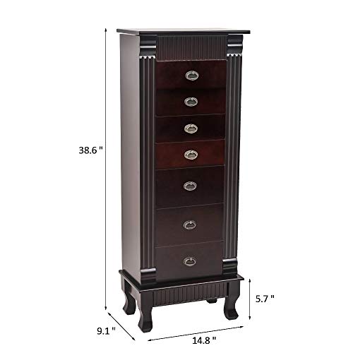 Karl Home Large Standing Jewelry Armoire Cabinet With 7 Drawers & 2 Swing Doors 16 Hooks, Large Wood Jewelry Cabinet Organizers With Top Flip Mirror, Dark Brown #TOP6