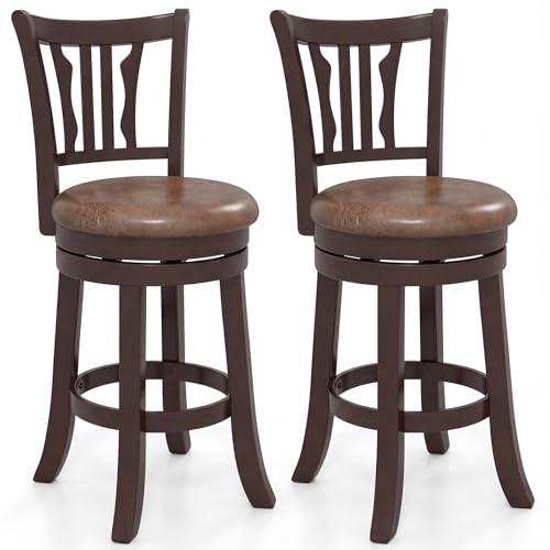 Butacos Giratorios de Bar Giantex, Juego de 2, Altura de Contador 26", Asiento Tapizado en Cuero Sintético, Estructura de Madera de Caucho y Reposapiés Envuelto, para Isla de Cocina o Pub
