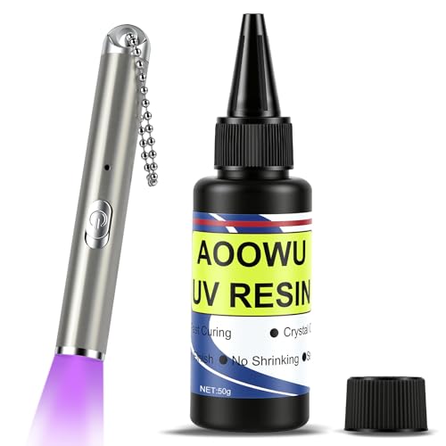 AOOWU żywica UV 50g, przezroczysta żywica UV z ładowalną latarką UV 395 nm, żywica do biżuterii Szybka Relaksacja w 5 Sekund, Naprawy Plastiku, Szkła, Idealna do DIY i Rękodzieła Artystycznego