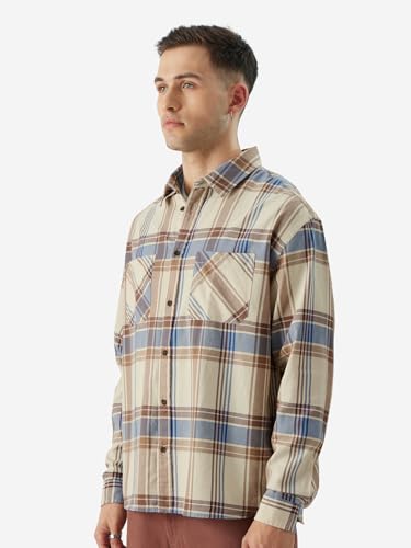 Image of The Souled Store Checks: Blue Yellow Men and Boys Long Sleeve Collared Neck Button Front Relaxed Fit Shirts Shirts Casual Plaid Button-Down Long Sleeve Checks Checkered Casual Workwear Fashionable