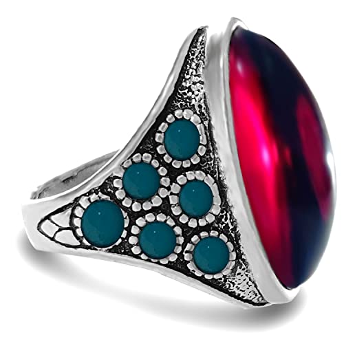 Retro S925 Silver Rings for Men Women,Natural Agate Onyx Stone Ring,Vintage Green Turquoise Garnet Turkey Rings,Oval Shaped Gemstone Rings Jewelry,GreatÂ SubstituteÂ forÂ Cubic Zirconia Rings (Color_D, 12)