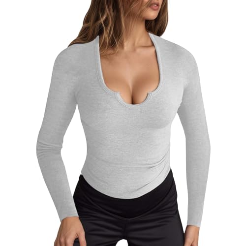 Maglietta a maniche lunghe da donna con scollo a cuore dentellato, top sexy a costine, slim fit basic per un look femminile, M