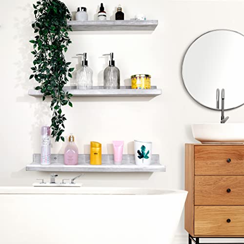 Annecy Floating Shelves Set Of 3, 24 Inch Grey Ledge Shelves For Wall, Wall Storage Shelves With Guardrail Design For Bedroom, Bathroom, Kitchen, Office, 3 Different Sizes #TOP5