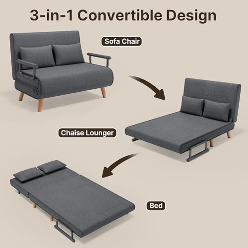 Xbro Schlafsofa 2-Sitzer mit Bettfunktion, Schlafsessel mit Bettfunktion mit Verstellbarer Rückenlehne und 2 Kissen, Sessel mit schlaffunktio für kleine Wohnung (Dunkelgrau)