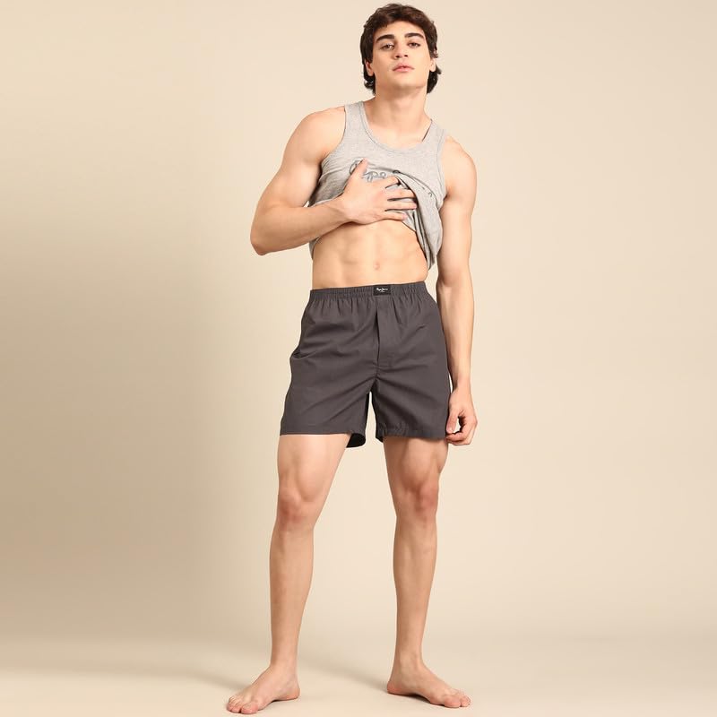 Image of Pepe Jeans Men's Solid 100% Cotton Regular Fit Long Boxer Shorts | Classic Comfortable Innerwear Long Boxer for Everyday & Lounge Wear | Soft Breathable Fabric | Elastic Waistband | All-Day Comfort