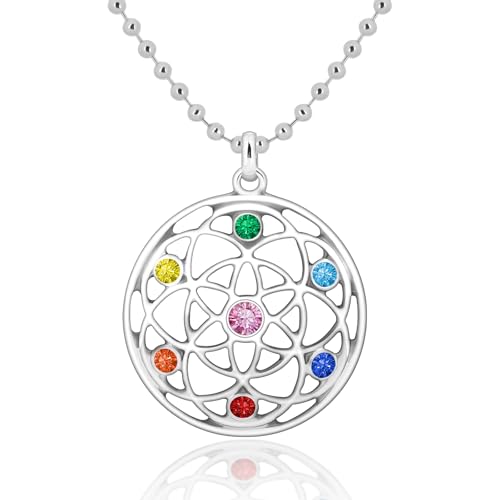 MUNORIAY Flower of Life Necklace: Sacred Geometry Buddhist Chakra Mandala with Diamond Pendant Necklaces Yoga Spiritual Amulet Jewelry Meditation Gift for Women Men (silver)