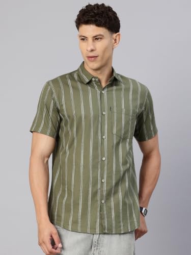 Image of Majestic Man Men's Pure Cotton Striped Half Sleeve Slim Fit Casual Shirt for Men