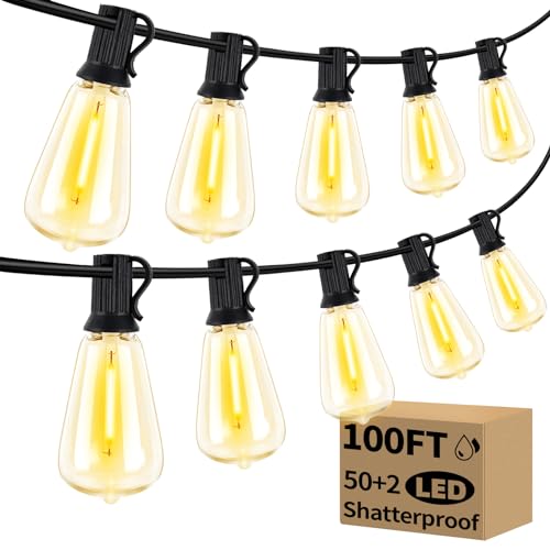100FT Outdoor String Lights with 50+2 LED Edison Bulbs Dimmable, Waterproof Exterior Patio Lights, Connectable Shatterproof ST38 Hanging Lights for Backyard Garden Balcony Party, 2200K Warm White