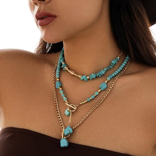 HUASAI Western Jewelry Turquoise Necklaces for Women Boho Necklaces for Women Rodeo Country Concert Outfits Layered Leather Choker Necklace Western Outfit Accessories3