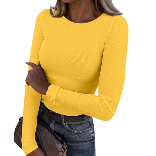 MESSIYO Long Sleeve Shirts for Women Crewneck Fitted Tops Orange - image 6