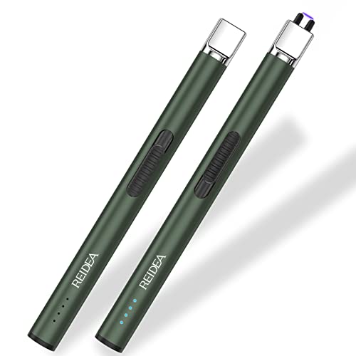 REIDEA 2 Pack Electric Lighter USB Rechargeable Safety Lock with LED Battery Indicator Flameless Windproof Arc Plasma Lighter for Candle, Fireworks (S4 Pro, Pine Green)