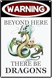Warning Beyond Here There Be Dragons Metal Tin Sign Funny Dino Decor Hanging Iron Painting Plaque for Home Garden Bars Cafes Office Store Pubs Man Cave Decor 12x8 Inch