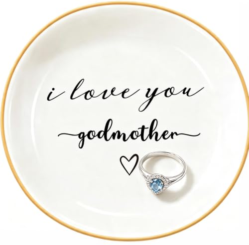 small ceramic ring dish printed with a godmother message