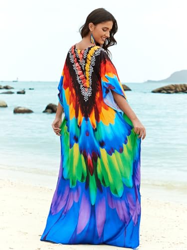 Image of IMAGEKOPE Women's Plus Size Loose Fit Moroccan Print V-Neck Batwing Kaftan Beach Dress Bathing Suit Cover Up