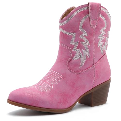 Image of GLOBALWIN Women's Cowgirl Boots Ankle Brown Cowboy Boots With Embroidered Stitching Low Heel Comfortable Western Boots For Country Outfits
