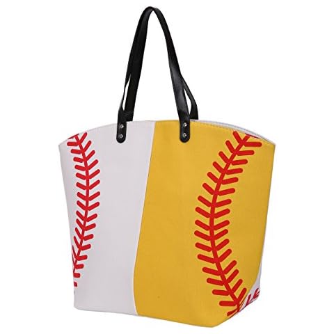 E-FirstFeeling Large Baseball Softball Tote Bag Sports Prints Utility Tote Handbag Travel Bag (Half baseball&softball) Cover