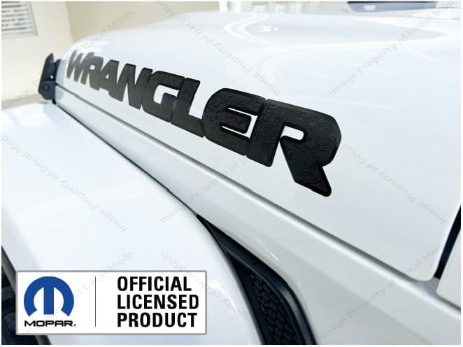 Decal Mods Wrangler Hood Graphic Vinyl Decal fits Jeep Wrangler JL/JT (2018-2025) Matte Black with topo Lines and Black Gloss Outline (Set of 2) - CB | UV1A0