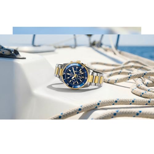 Image of Bulova Men's Marine Star Chronograph Quartz Two Tone Gold Stainless Steel Watch, Blue, Calendar, Luminous, 43mm Style: 98B230
