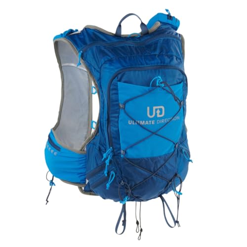 Ultimate Direction Adventure Vest Men's Hydration and Endurance Running Vest, 2L Hydration Bladder Compatible, Upgraded Fit and Finishes, Trekking Pole Loops, GPS Locator Pocket, 2023 (UD Blue, Small)