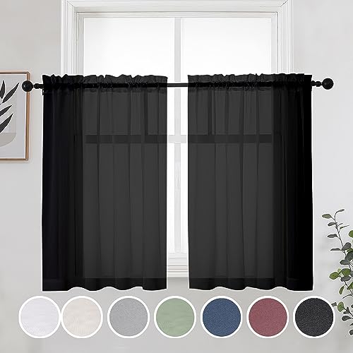 Image of OWENIE Short Sheer Curtains 30 Inches 2 Panels Set, Kitchen Tiers Light Filtering Rod Pocket Cafe Curtains for Bathroom Small Half Window, 42 in W x 30 in L, Black