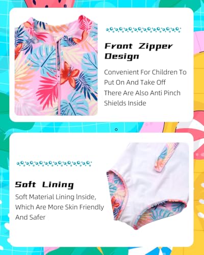 Image of Kids Girls Rash Guard Long Sleeve One Piece Swimsuits Zipper Bathing Suits UPF 50+ Tropical Plant Flowers Ages 3-12